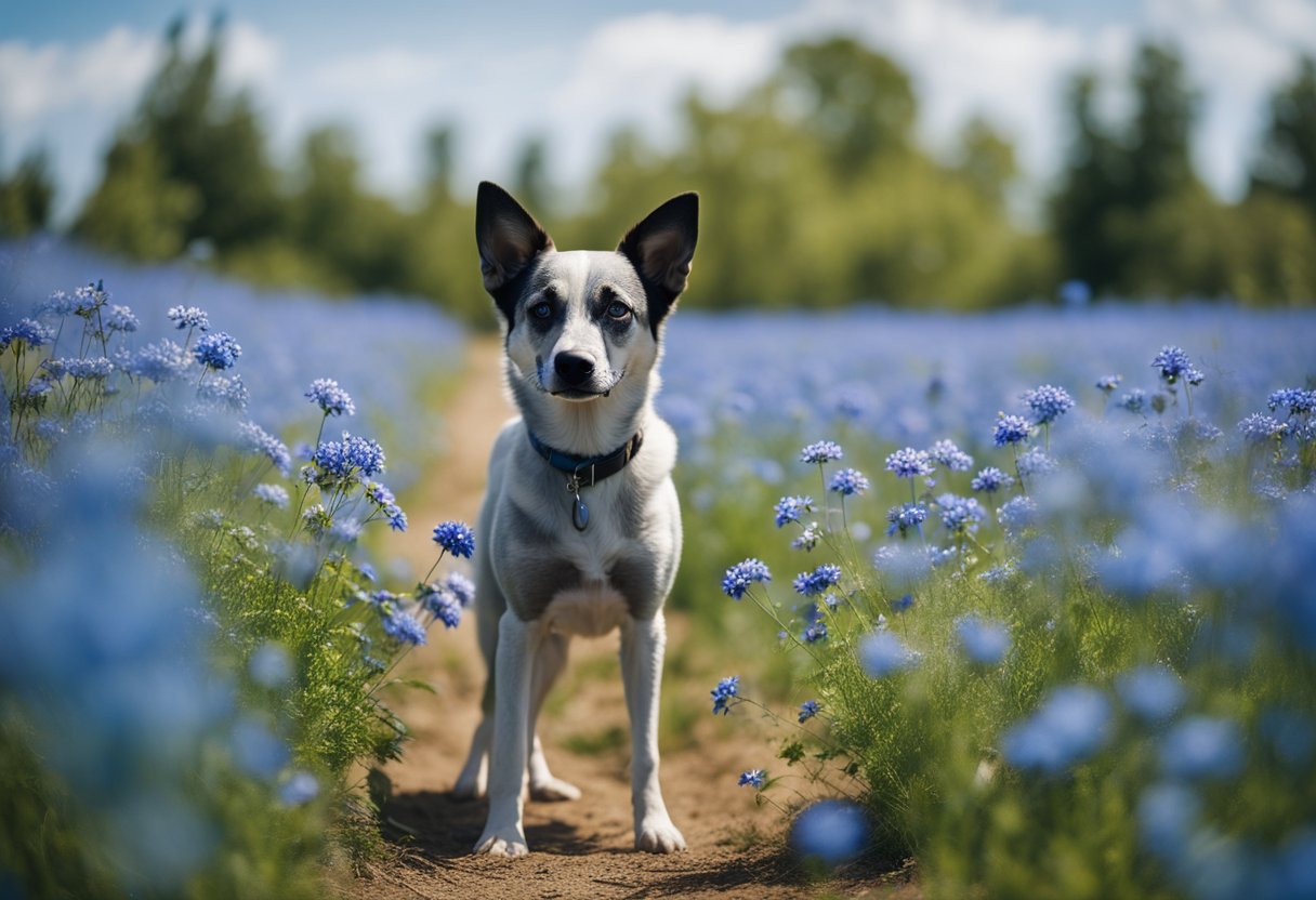 dog in field of blue flowers