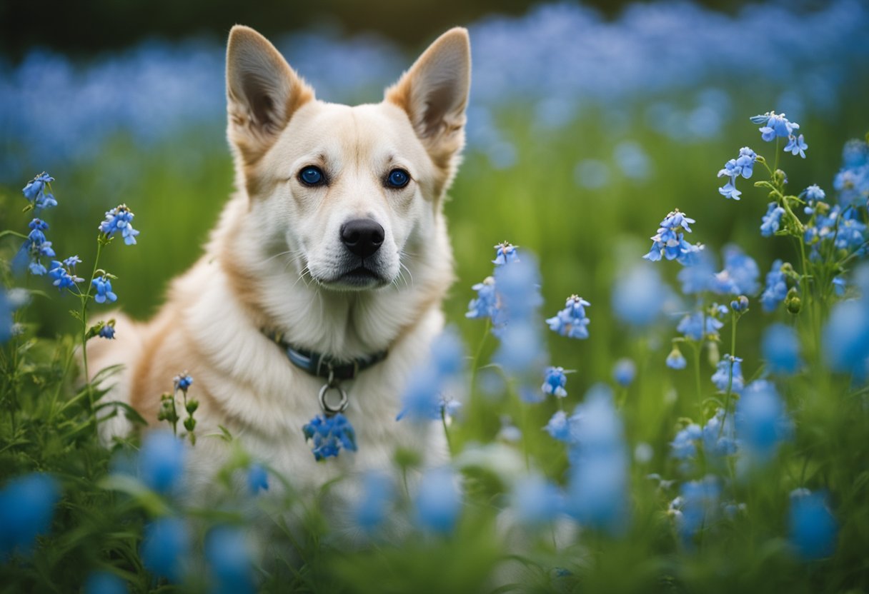 dog in field of blue flowers