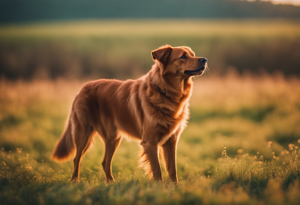 red dog in a field at golden hour