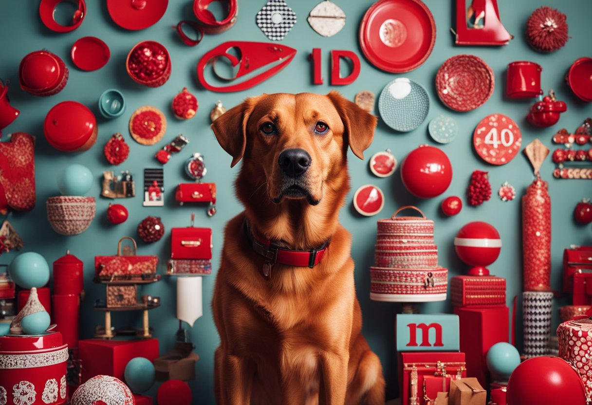 red dog surrounded by red objects