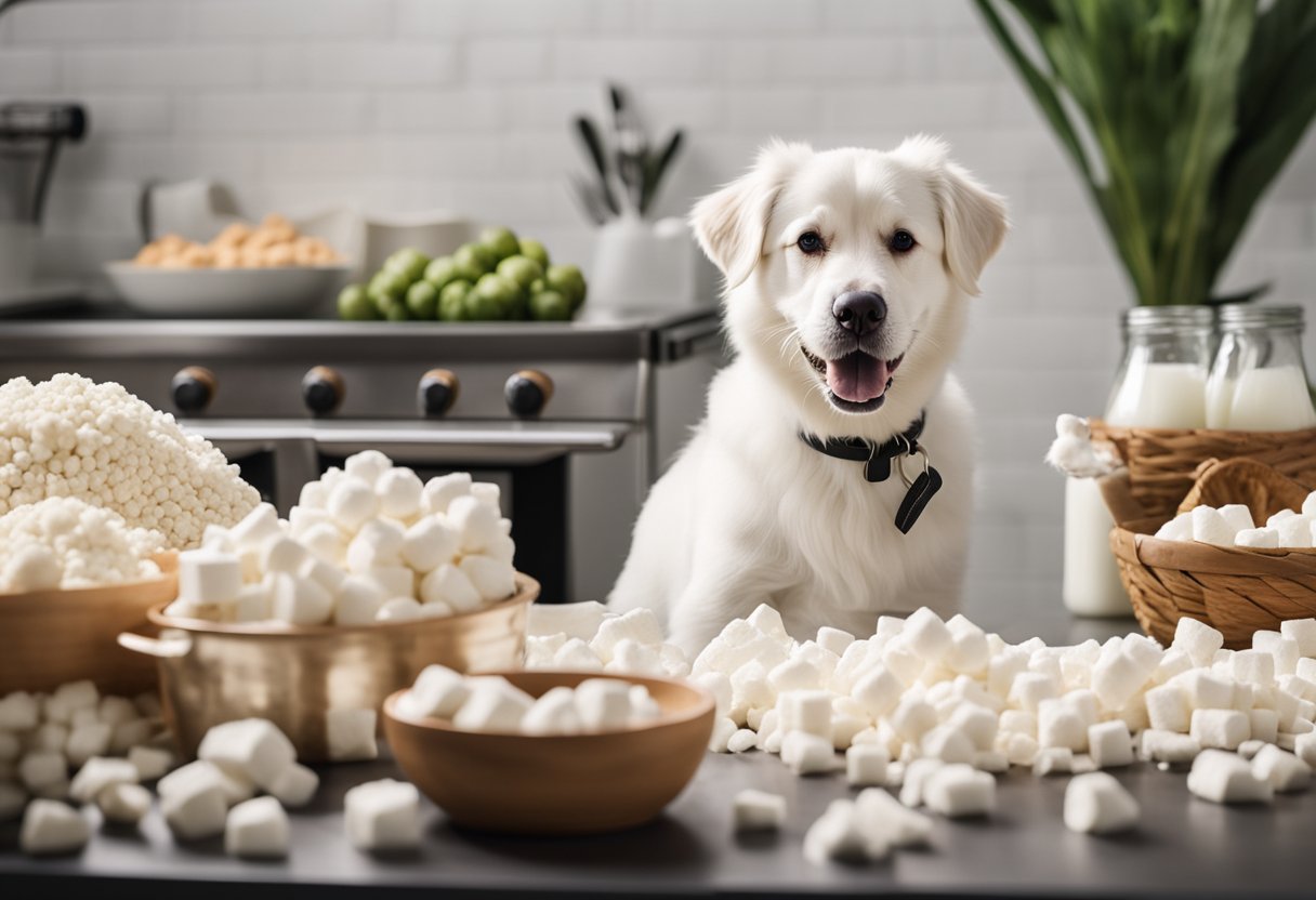 dog in kitchen surrounded by marshmallows