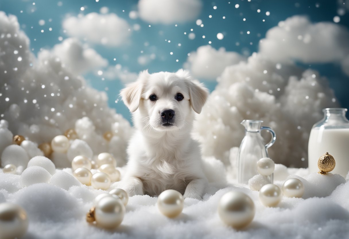 white dog surrounded by white objects