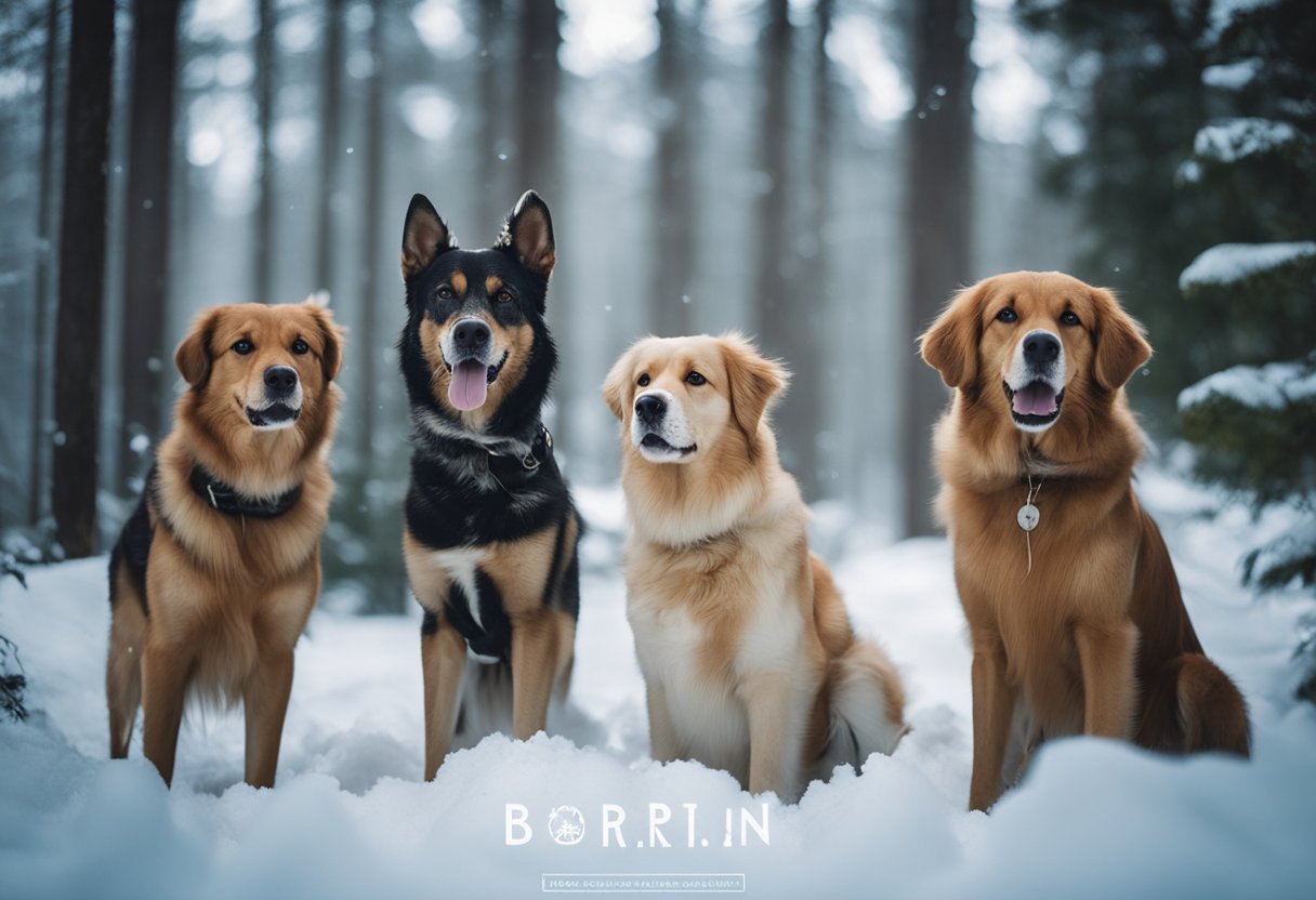 four dogs in the snow
