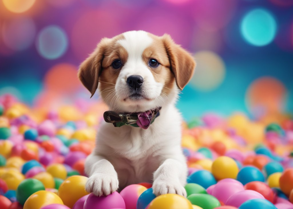 puppy in rainbow ball pit