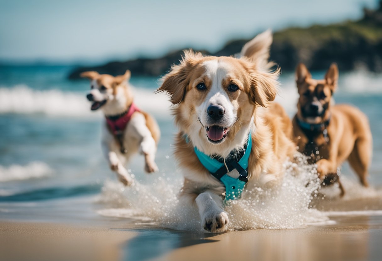 three dogs running on a beach