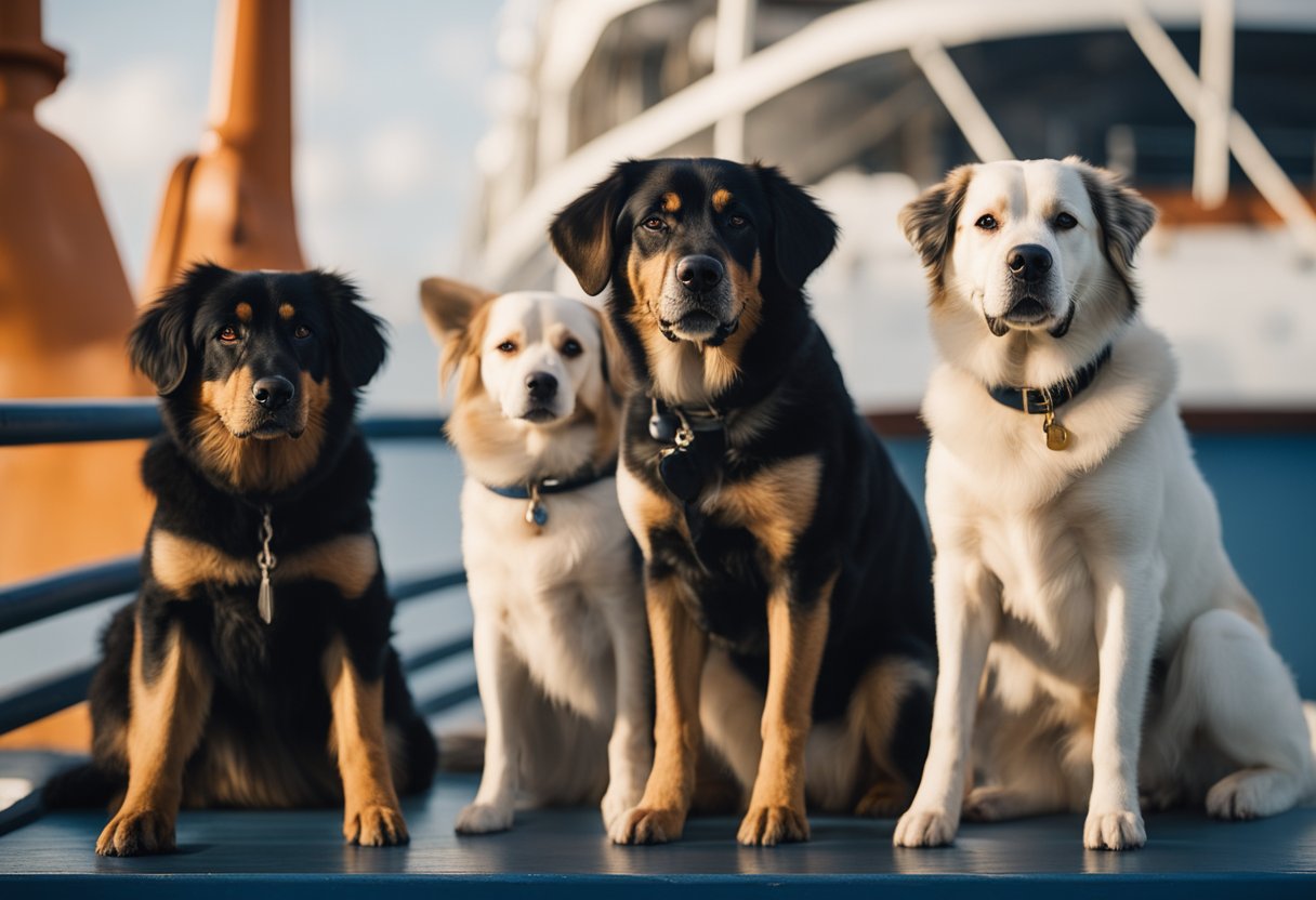 four dogs on a boat