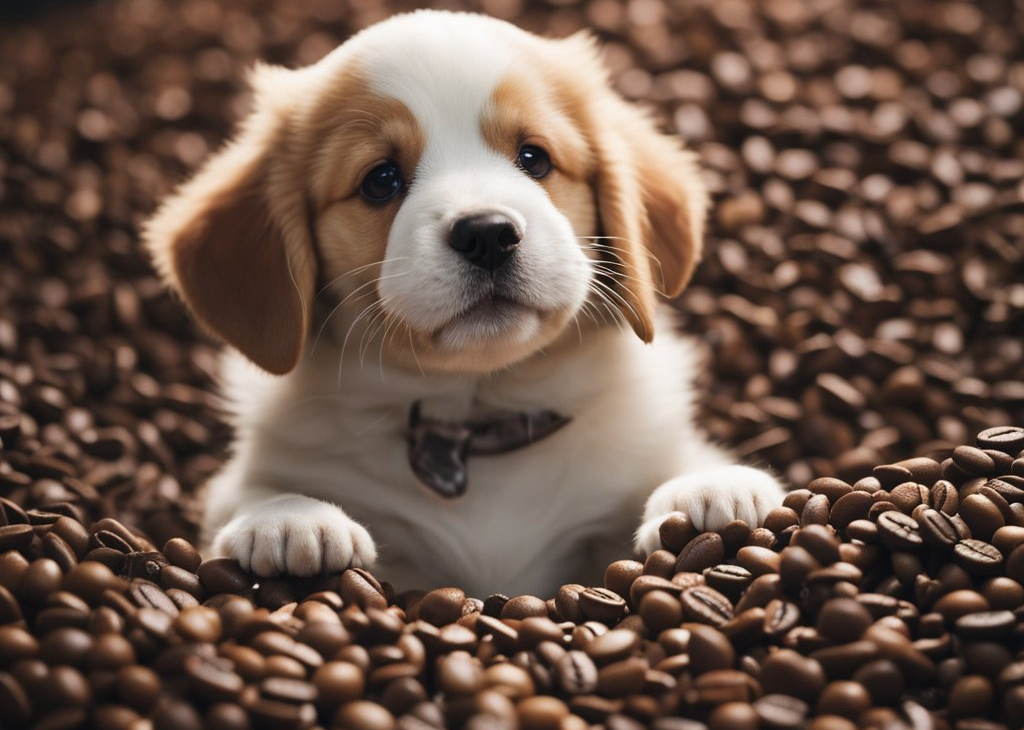 puppy surrounded by coffee beans