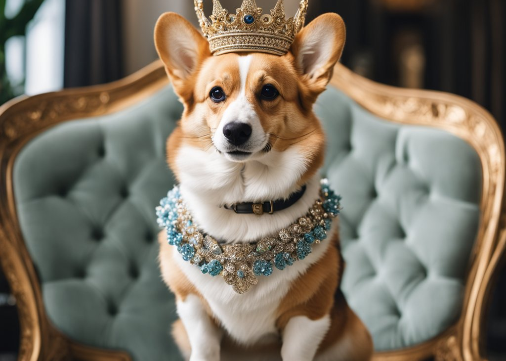 corgi sitting on a chair with a crown and jewels