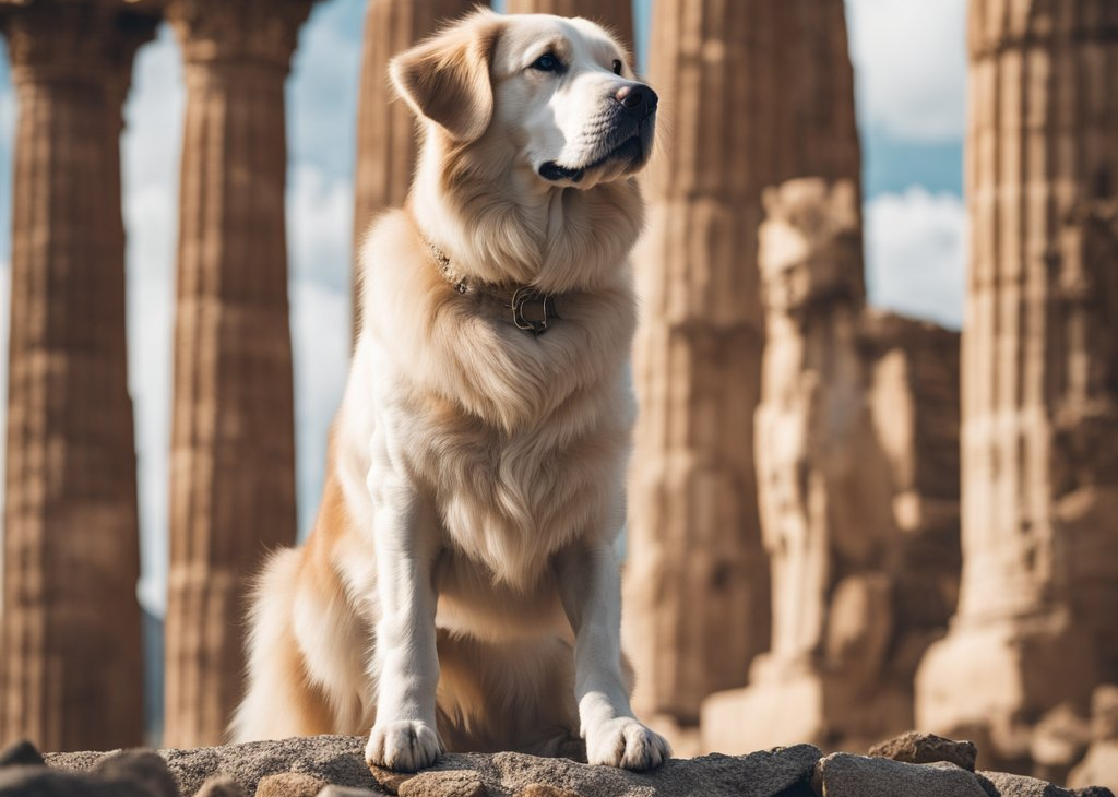 dog with ancient ruins in background