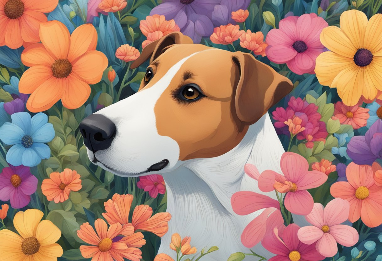 dog with blue, orange, yellow and peach flowers illustration 