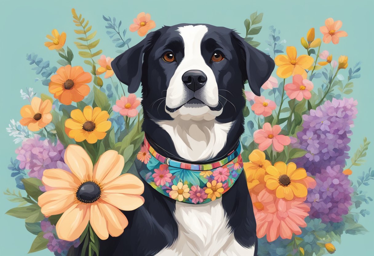 dog illustration with blue background and flowers