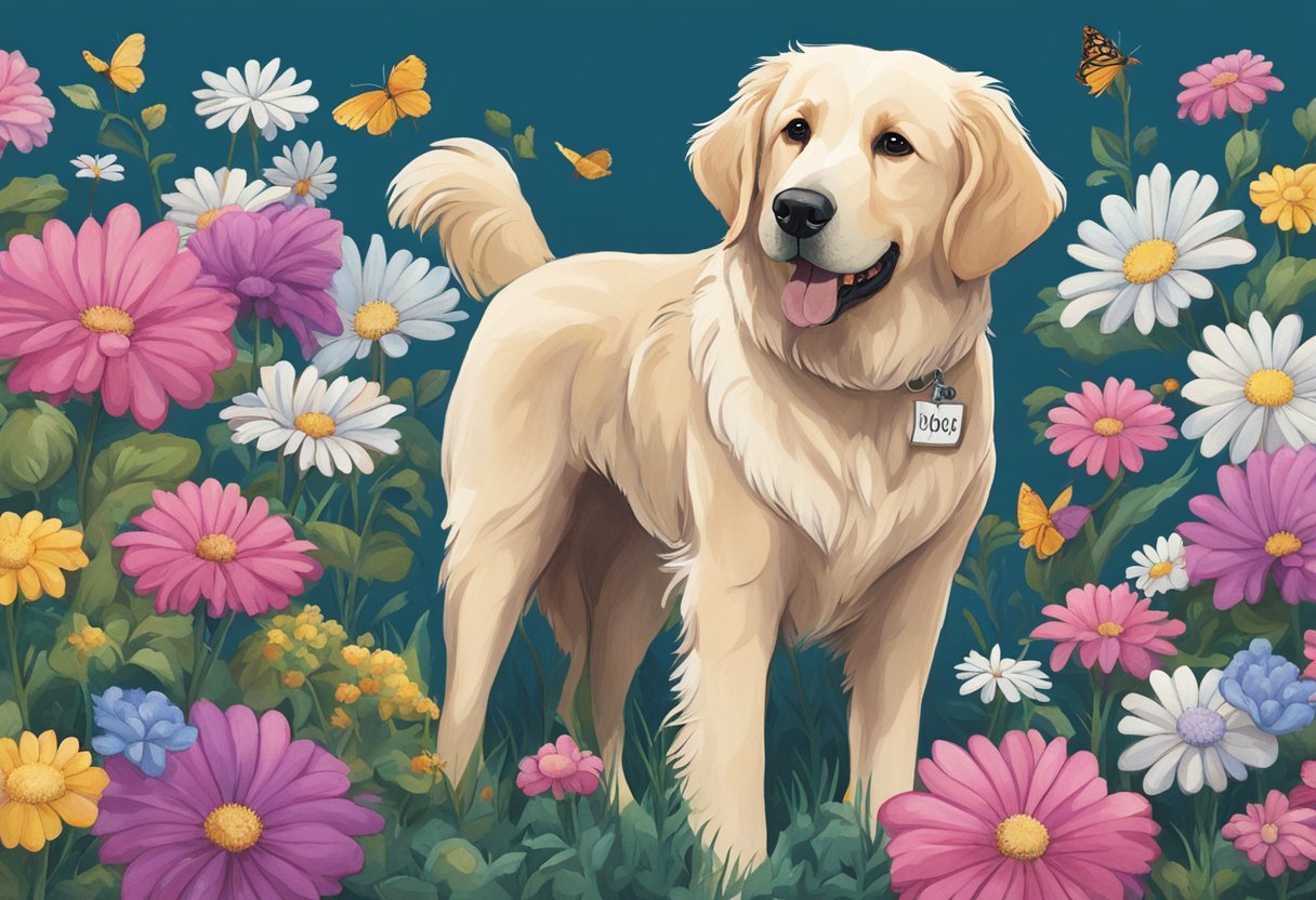dog with navy blue background and pink and white flowers illustration