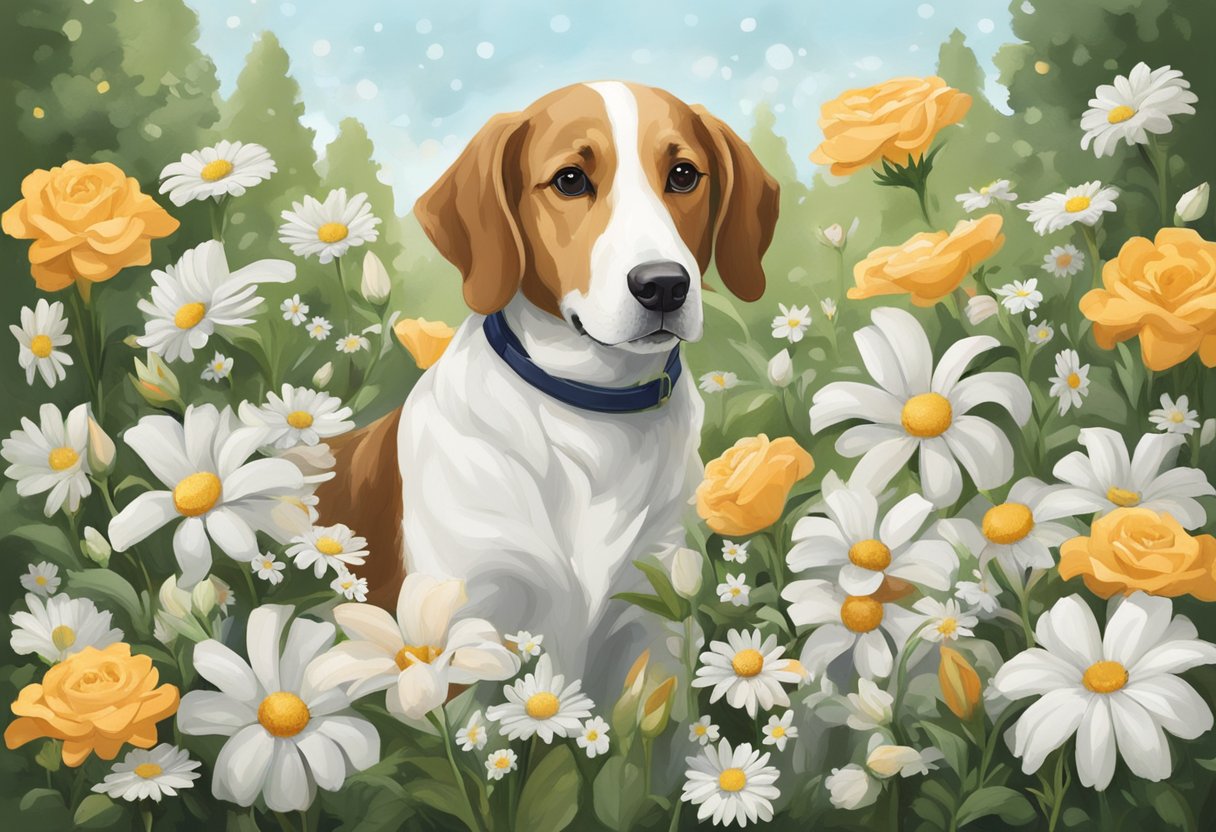 dog with white and yellow flowers illustration