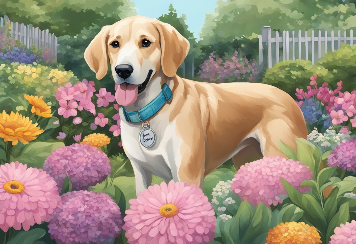 dog illustration in flower garden