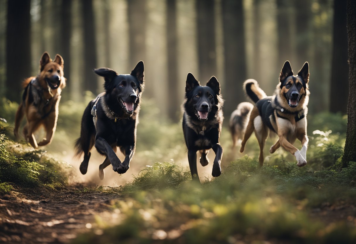 four hunting dogs running in forest