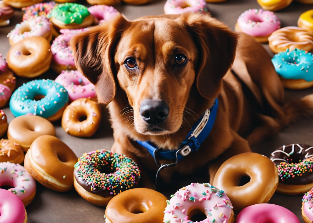 brown dog surrounded by donuts