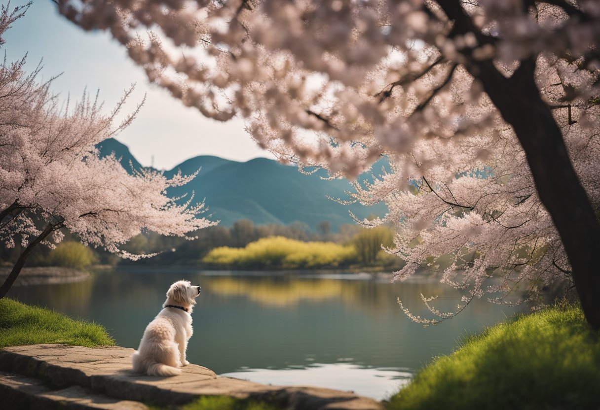 dog with cherry blossoms near lake