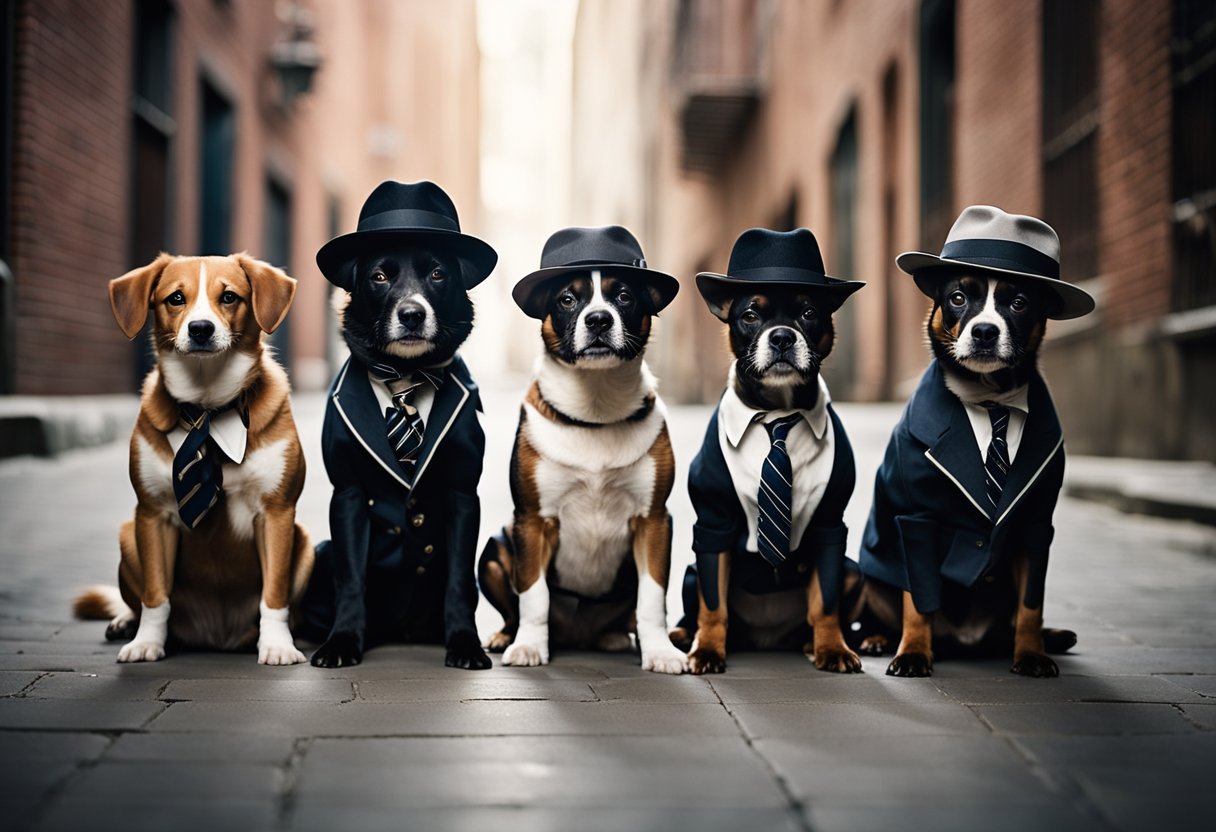 five dogs wearing suits and hats