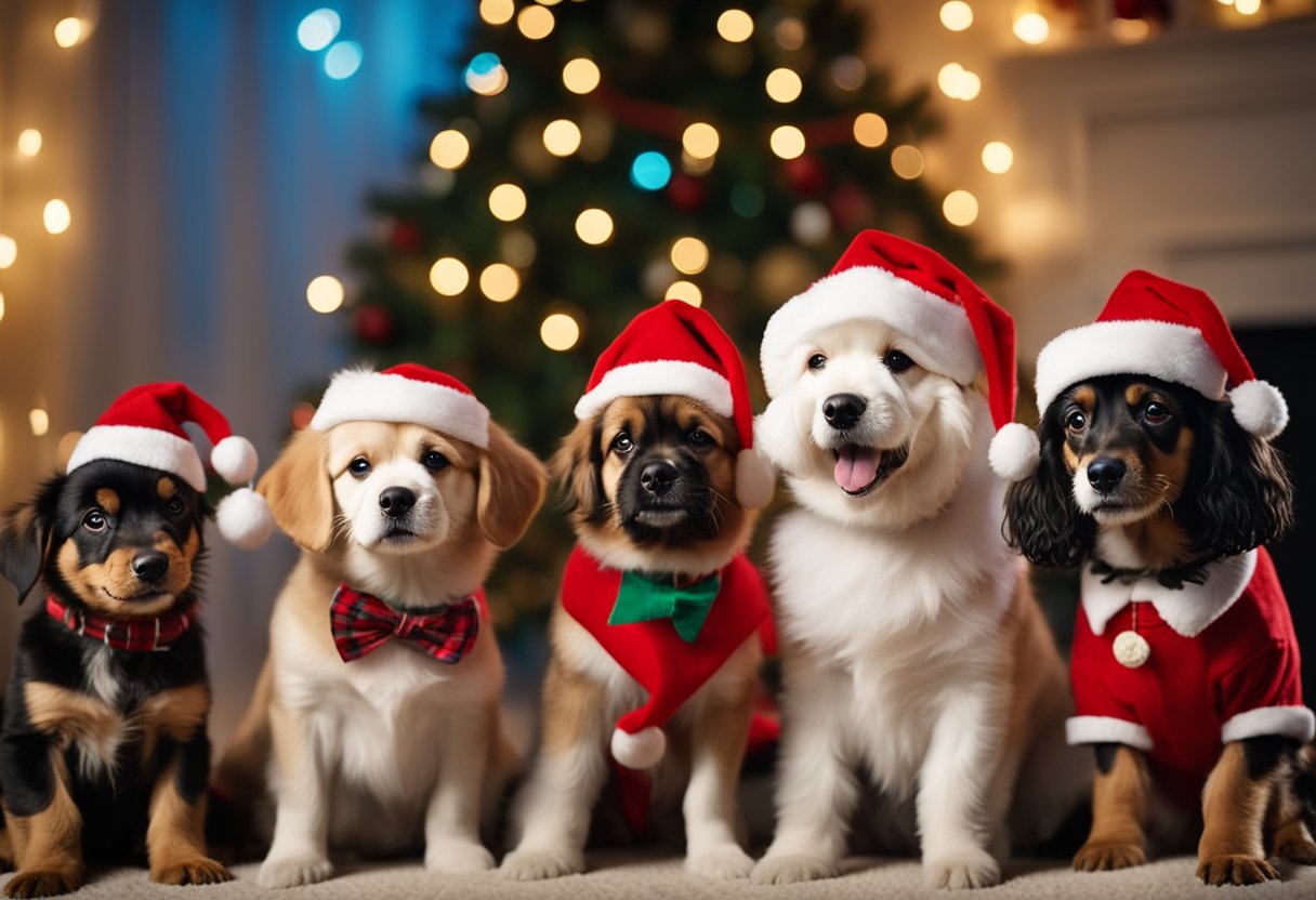 five dogs with santa hats