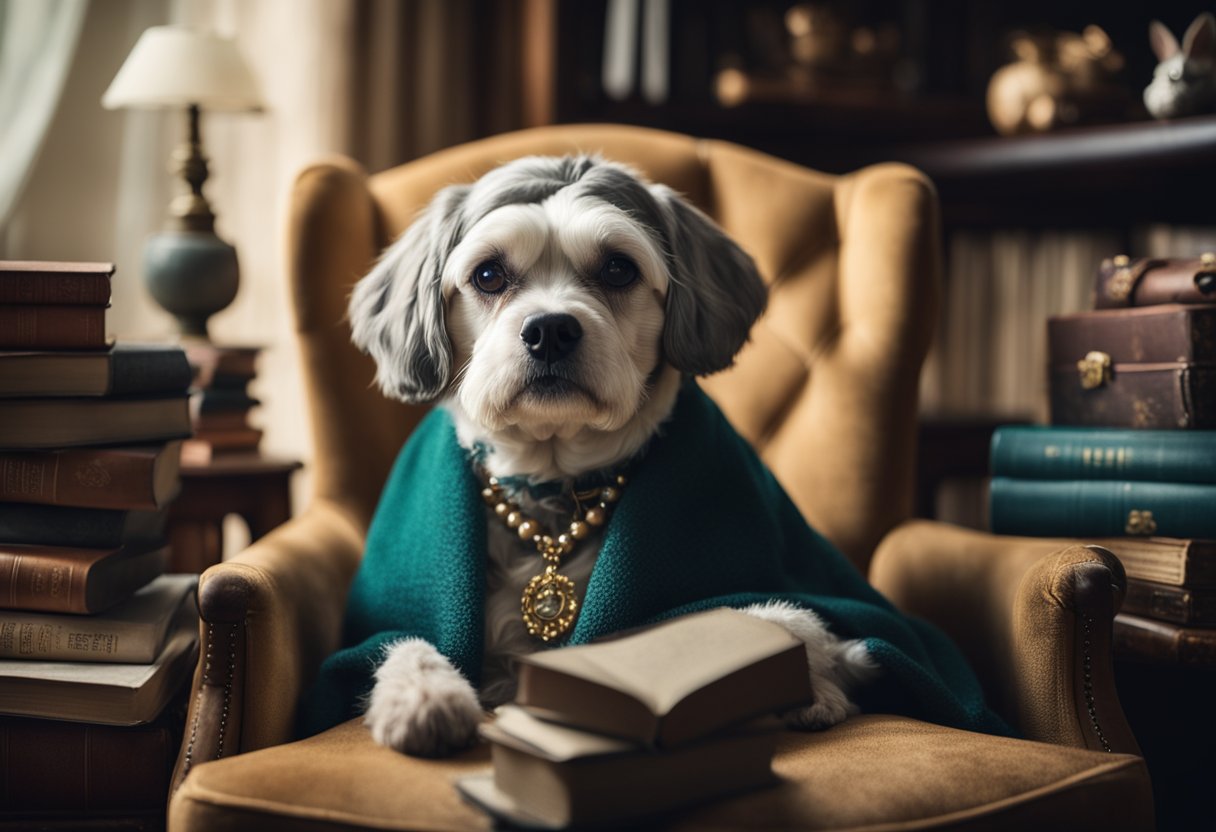 dog wearing old lady clothes in an armchair