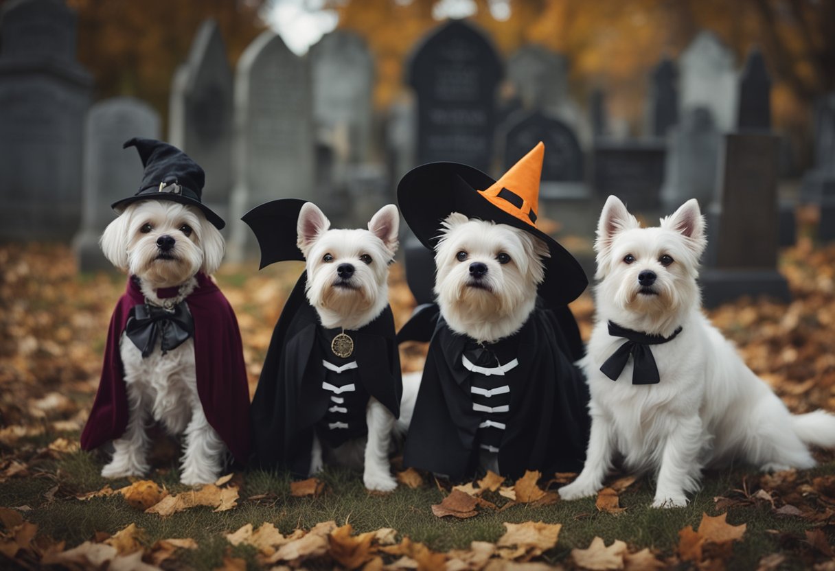 dogs in halloween outfits in graveyard