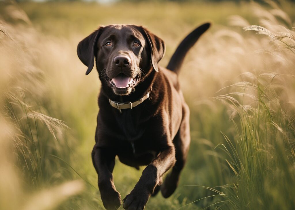 chocolate lab running in a field