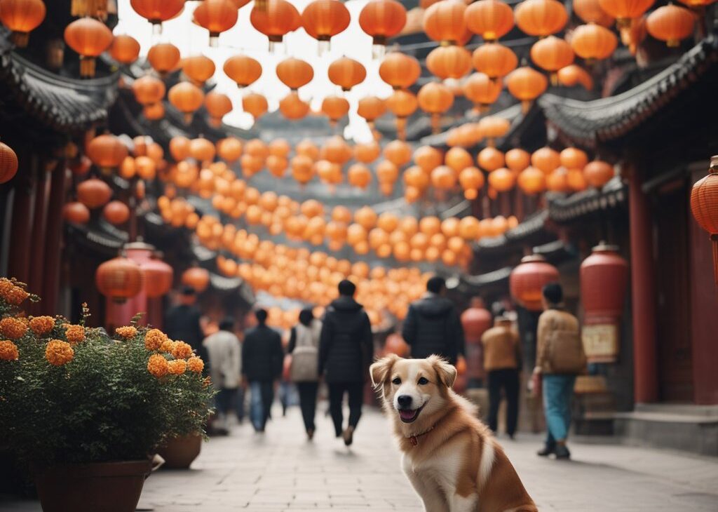 dog in china with lanterns in the street
