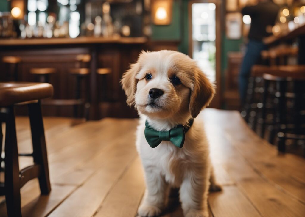 puppy with green bow in an irish pub
