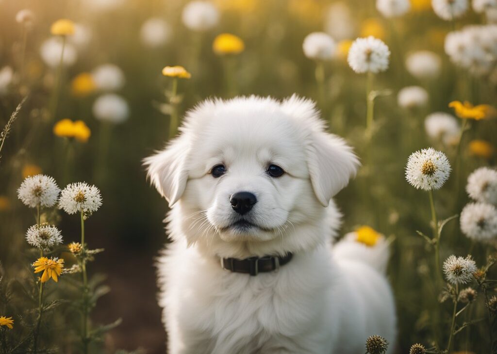 white fluffy puppy in field of dandelions
